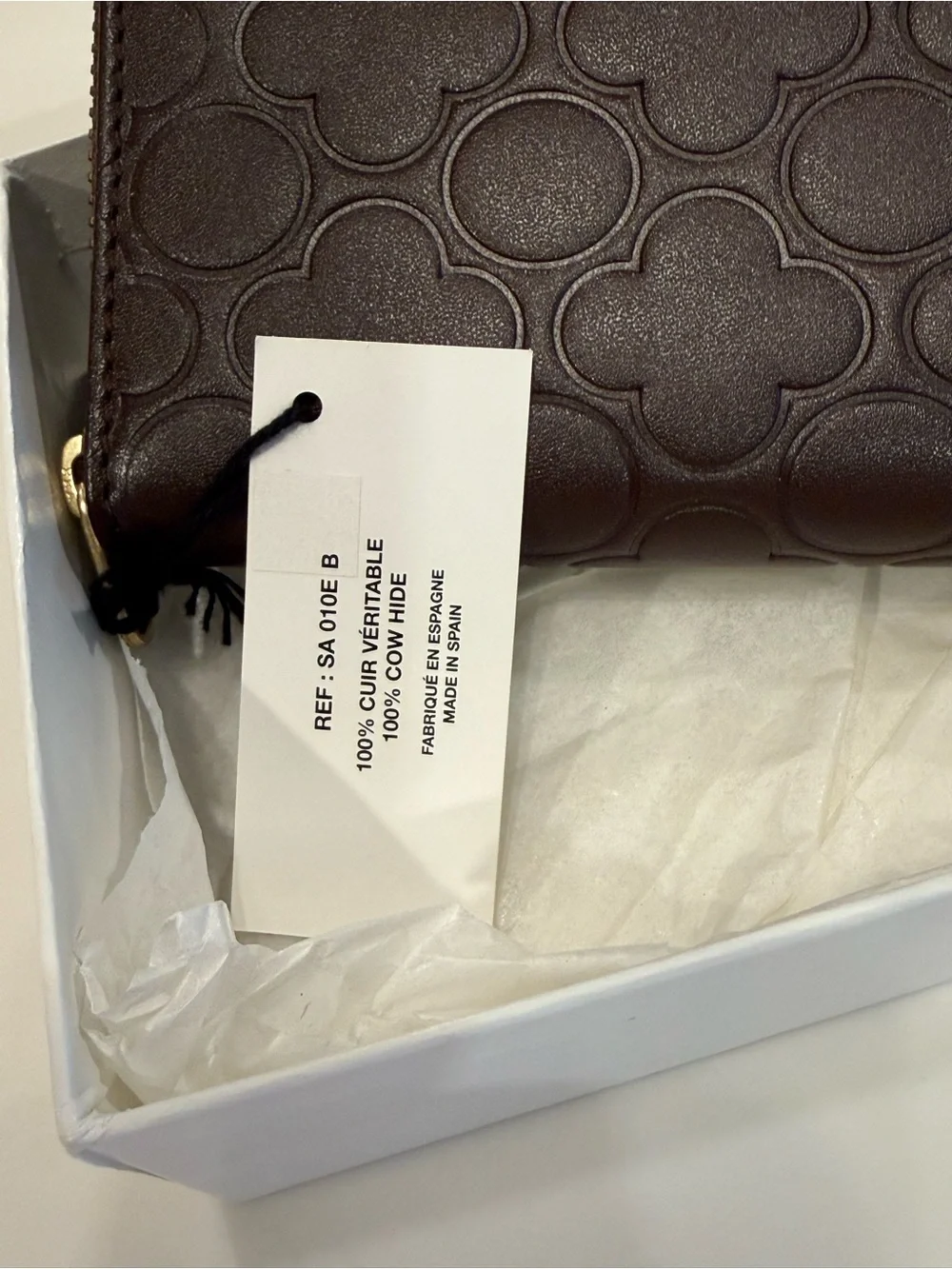 Comme des Garcons Embossed Clover Zip Wallet in Dark Brown